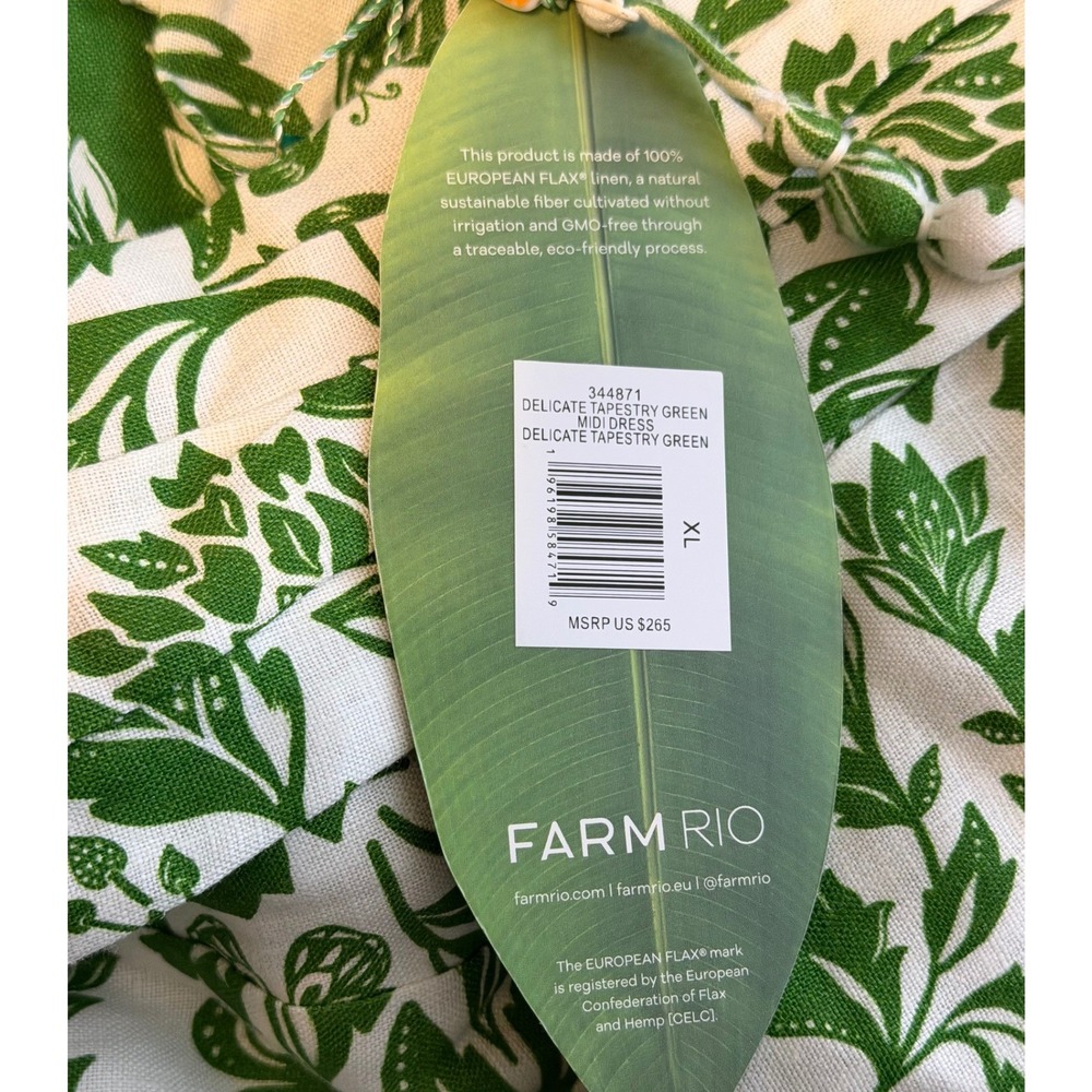 Farm Rio Linen Midi Dress Womens XL Delicate Tapestry Green Back Cutout NEW - Picture 6 of 6